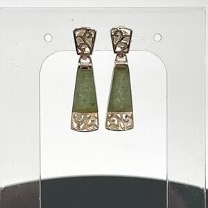 SU Sterling Silver Filigree Chinese Rectangular Jadeite Dangle Drop Earrings